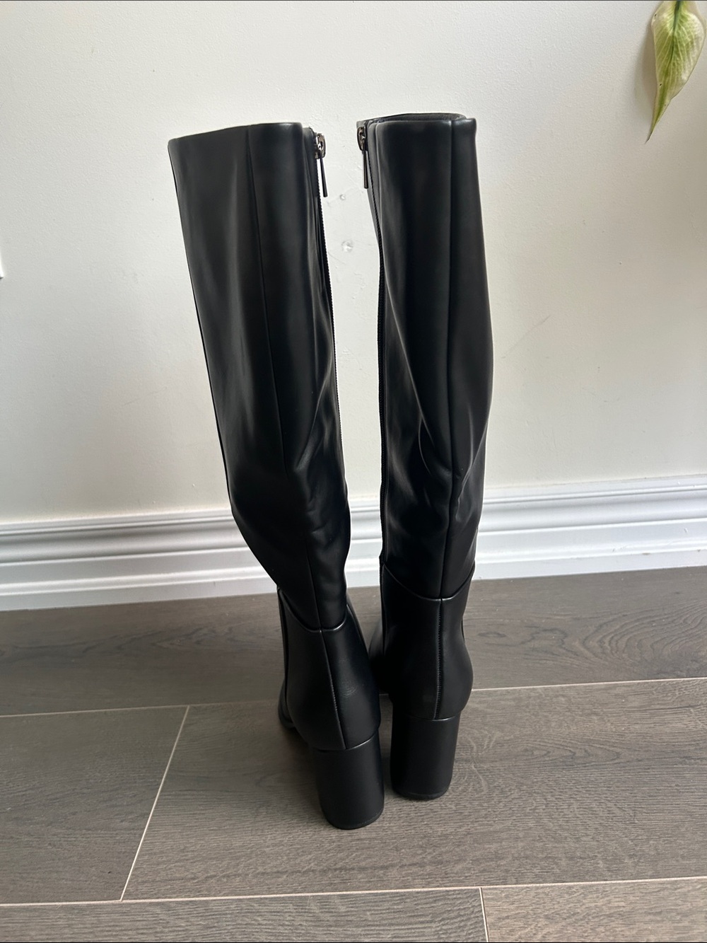 Black Faux Leather Knee High Pointed Toe Block Heel Boots Size 7 NWOT - Picture 10 of 16